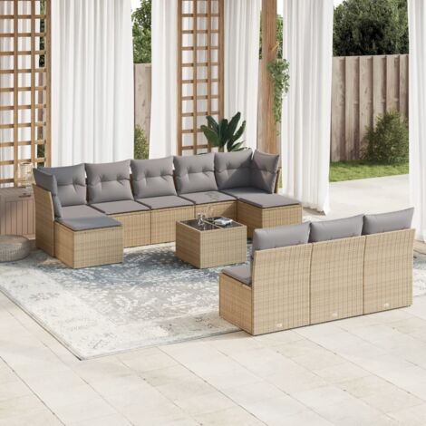 Ensemble Salon de Jardin 11 Pièces Résine Tressée Gris Clair avec Coussins Crème