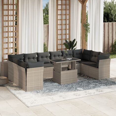 Ensemble salon de jardin 11 pièces résine tressée gris clair avec coussins, table ajustable et modules modulables.
