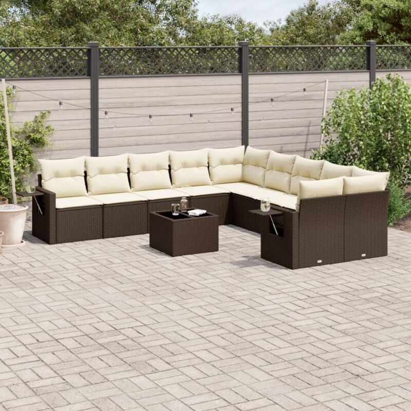 Ensemble salon de jardin 11 pièces résine tressée marron avec coussins blanc crème et table verre trempé
