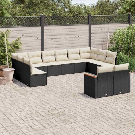 Ensemble salon de jardin 12 places en résine tressée noire avec coussins - Modulaire, rangement intégré, tables basses incluses - Design extérieur