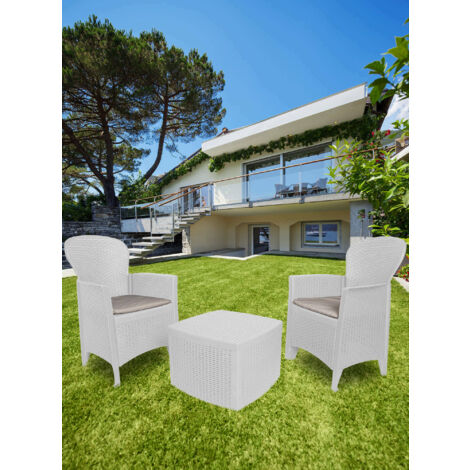 Ensemble salon de jardin 2 fauteuils et table basse – Polypropylène résistant intempéries – Coussins inclus – Dimensions fauteuils 60x58x85cm