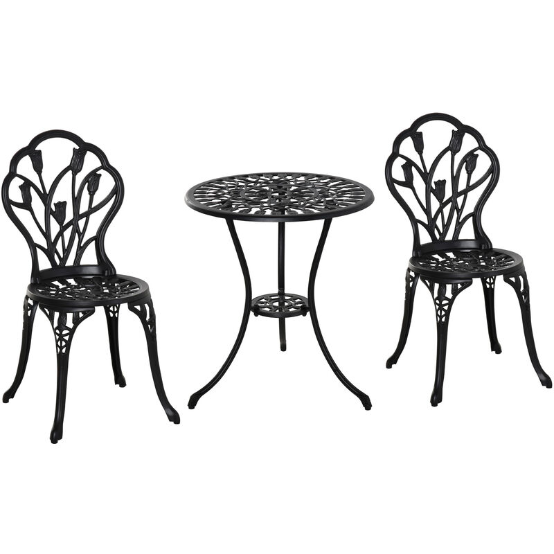 Ensemble salon de jardin 2 places 2 chaises + table ronde fonte d'aluminium imitation fer forgé noir - Noir