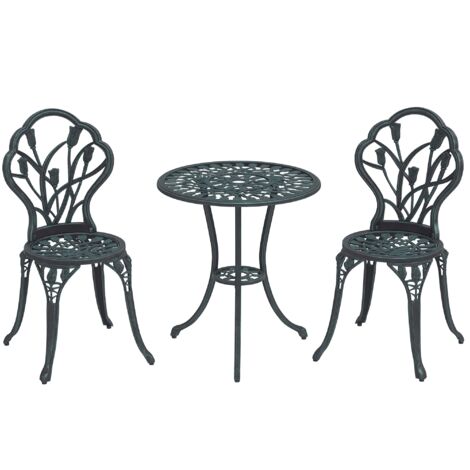 Ensemble salon de jardin 2 places 2 chaises + table ronde fonte d'aluminium imitation fer forgé vert
