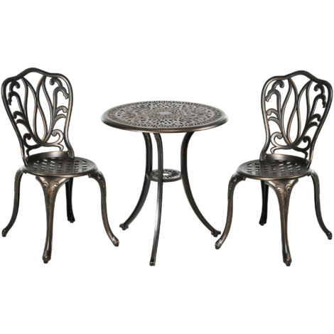 Ensemble Salon de Jardin 2 Places 2 chaises + Table Ronde style charme rétro en fonte d'aluminium, bronze