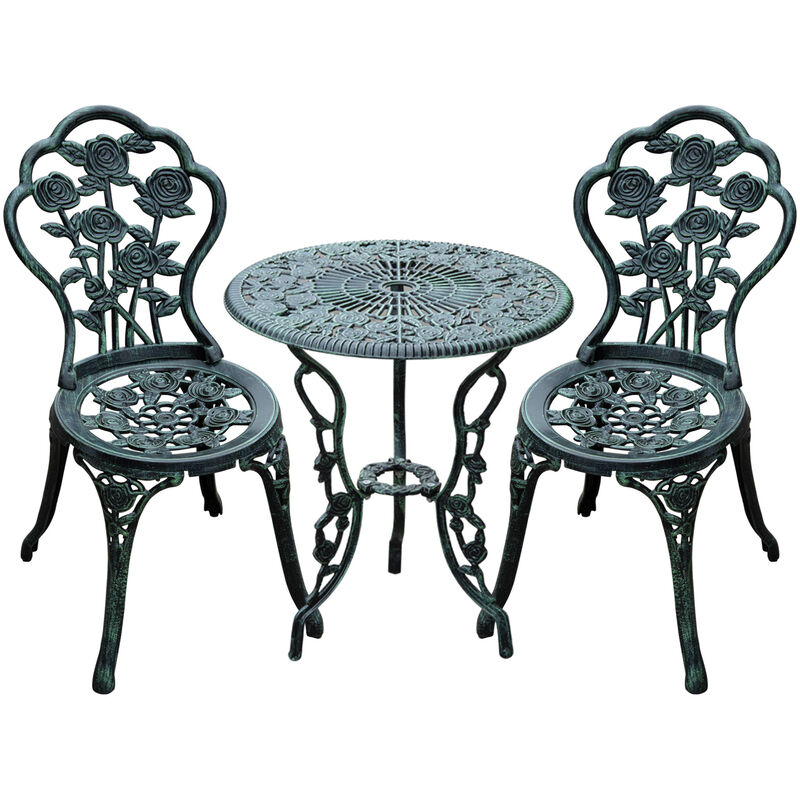 Ensemble salon de jardin 2 places 2 chaises + table ronde style néo-rétro motif rose lignes fuselées fonte d'aluminium vert vieilli