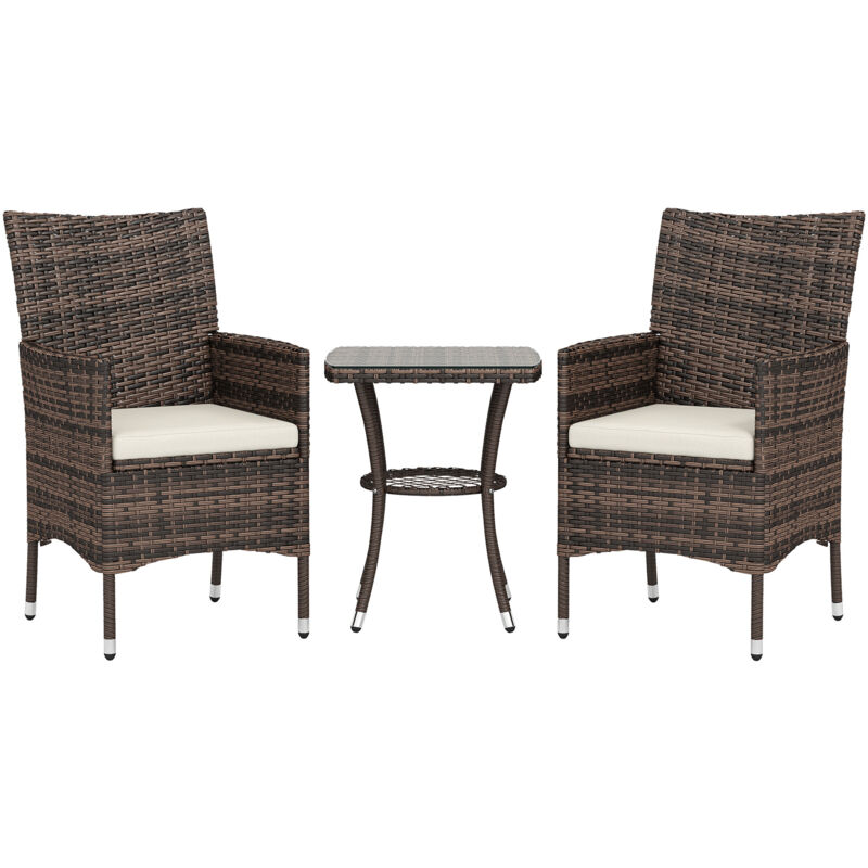 Ensemble salon de jardin 2 places : 2 fauteuils et table basse plateau verre trempé résine tressée imitation rotin chocolat foncé coussins blanc