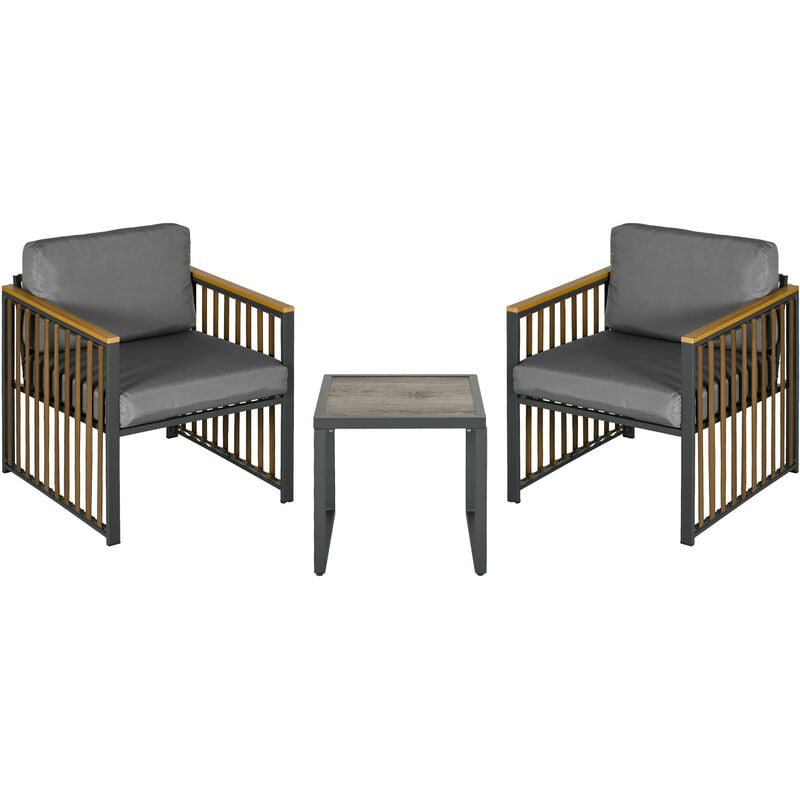 Outsunny - Ensemble salon de jardin 3 pièces style colonial 2 fauteuils coussins gris table basse métal noir résine filaire marron