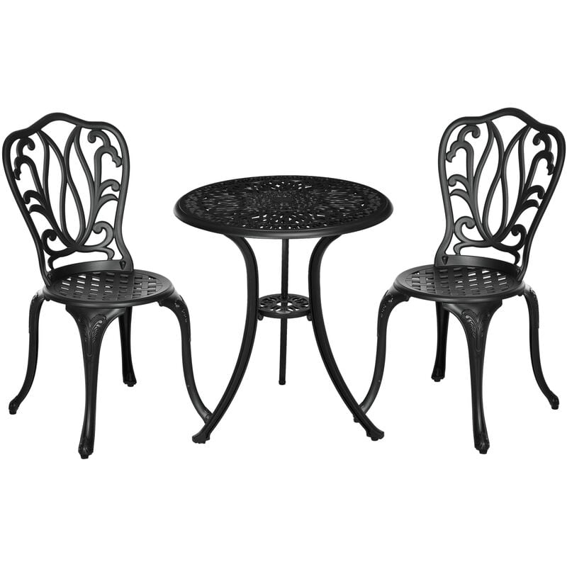 Ensemble salon de jardin 2 places avec table ronde style rétro fonte alu noir - Noir