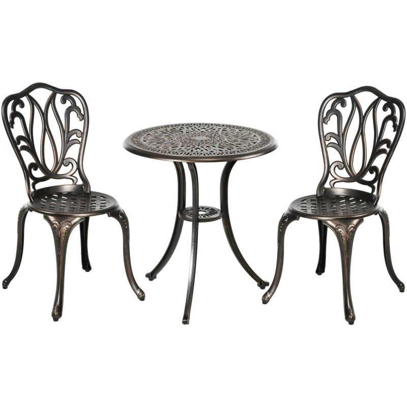 Outsunny - Ensemble salon de jardin 2 places avec table ronde style rétro fonte alu effet bronze antique