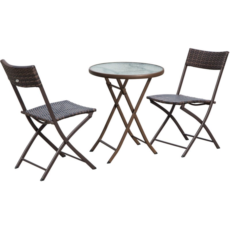 Outsunny - Ensemble salon de jardin 2 places table ronde pliable plateau verre trempé chaises pliantes résine tressée chocolat