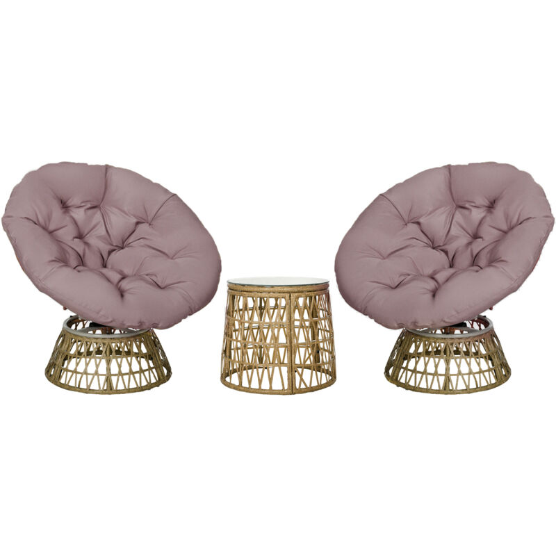 Ensemble salon de jardin 3 pièces - 2 fauteuils papasan, table basse - coussins taupe - résine tressée aspect rotin
