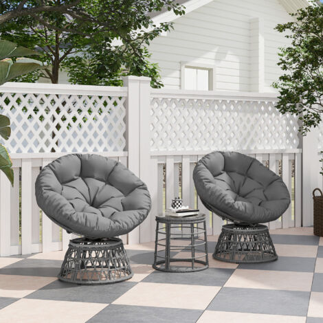 Ensemble salon de jardin 3 pièces avec 2 fauteuils papasan pivotant et 1 tables basse ronde polyester résine tressée