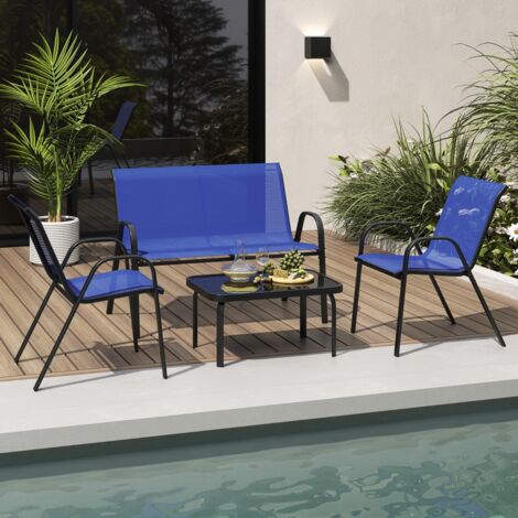 Ensemble Salon de Jardin 4 Pièces 2 Fauteuils 1 Canapé 1 Table Basse en Verre pour Terrasse Piscine Patio Balcon Bleu