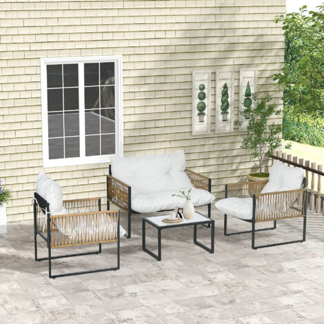 Ensemble salon de jardin 4 pièces canapé 2 places 2 fauteuils et 1 table basse plateau verre trempé 3 coussins - crème