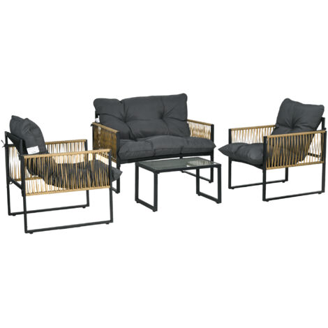 Ensemble salon de jardin 4 pièces canapé 2 places 2 fauteuils et 1 table basse plateau verre trempé 3 coussins - gris