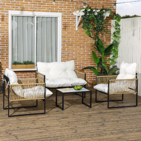 Ensemble Salon de Jardin 4 Pièces – Canapé 2 Places + 2 Fauteuils – Table Basse Verre Trempé – 3 Coussins – Crème