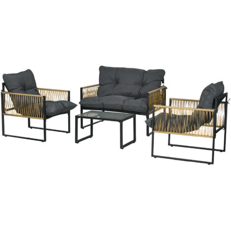 Ensemble salon de jardin 4 pièces canapé 2 places 2 fauteuils table basse verre trempé 3 coussins gris