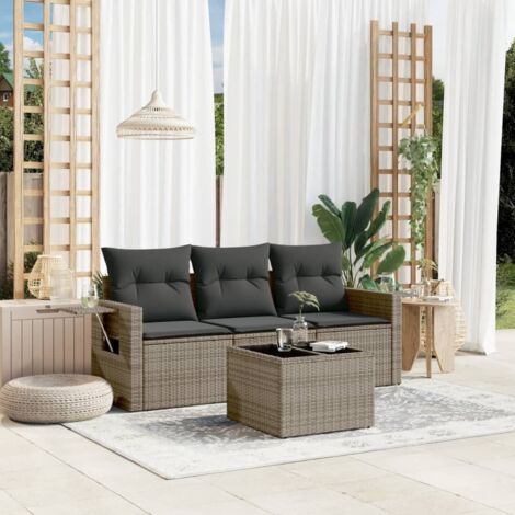 Ensemble Salon de Jardin 4 Pièces en Résine Tressée Gris avec Coussins et Table [Modulable, Rangement Intégré, Résistant aux Intempéries]