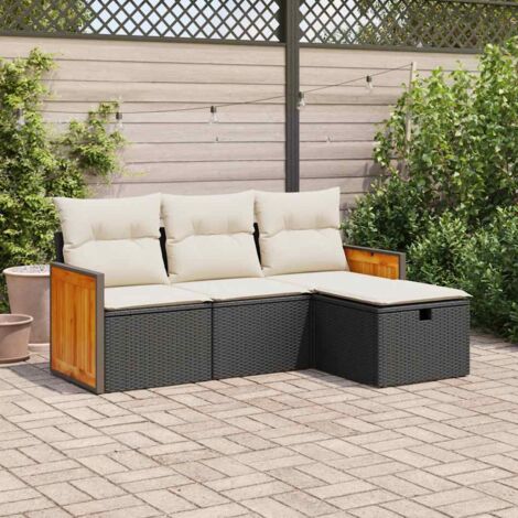 Ensemble Salon de Jardin 4 Pièces Noir en Résine Tressée avec Coussin Blanc Crème, Stockage et Pieds Réglables - Arrière-Cour/Terrasse
