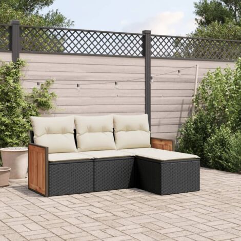 Ensemble Salon de Jardin 4 Pièces Noir Résine Tressée - Canapé, Siège, Pouf et Coussins