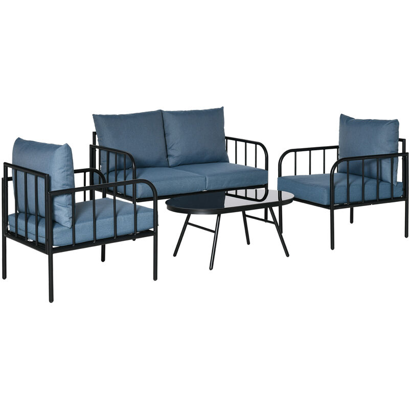 Ensemble salon de jardin 4 places 4 pièces style néo-rétro - coussins déperlants déhoussables - métal époxy noir polyester bleu