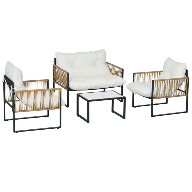 Outsunny - Ensemble salon de jardin 4 places 4 pièces 3 coussins acier résine crème