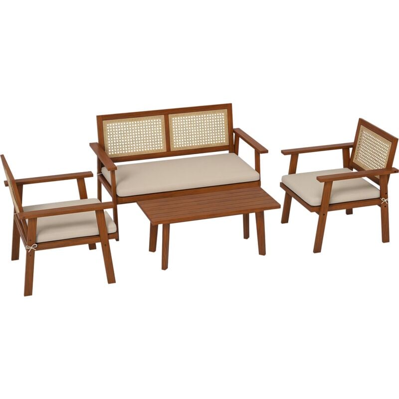 Ensemble salon de jardin 4 places 4 pièces style colonial bois aspect rotin