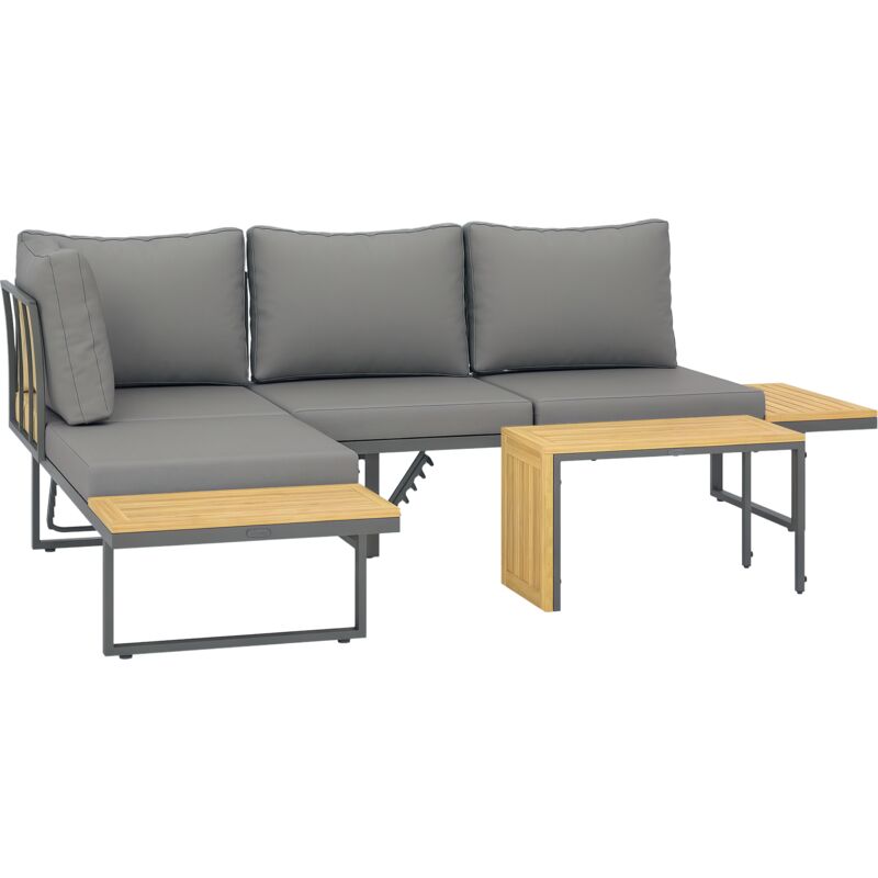 Ensemble salon de jardin 4 places modulable réglable avec table basse acier gris bois d'acacia verni