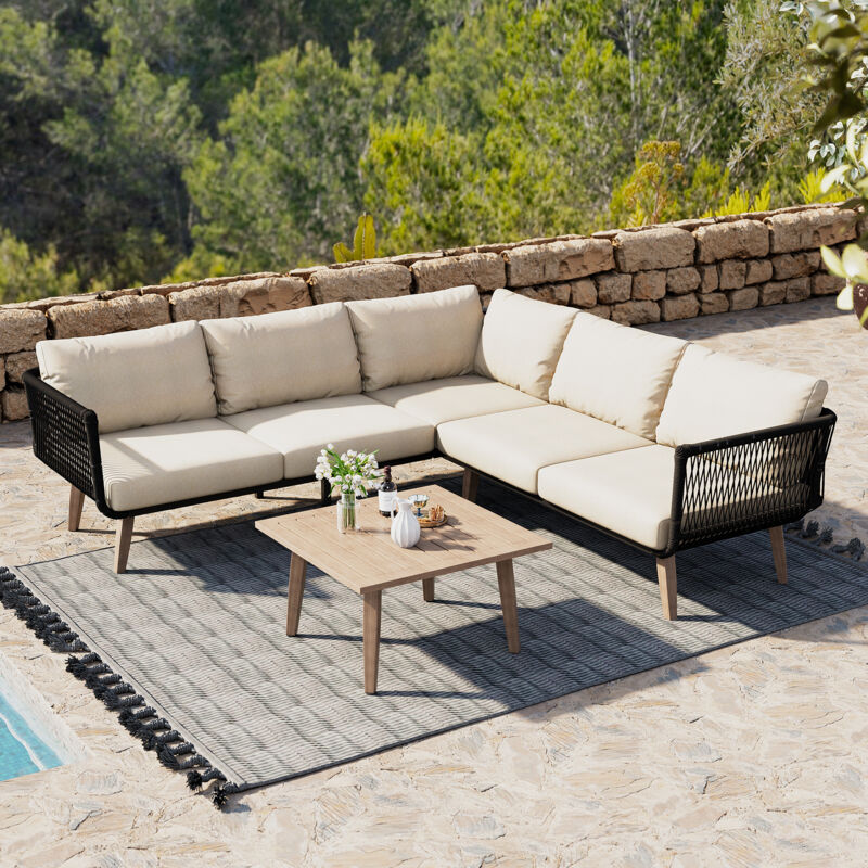 Ensemble salon de jardin 5 personnes,Canapé + Table basse en bois,Tube en acier galvanisé,Corde tressée artisanale,Beige + Noir