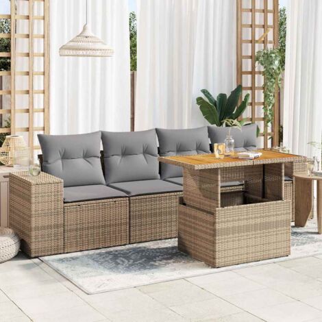Ensemble salon de jardin 5 pièces en résine tressée beige avec coffre de rangement, table extensible et coussins lavables gris clair.