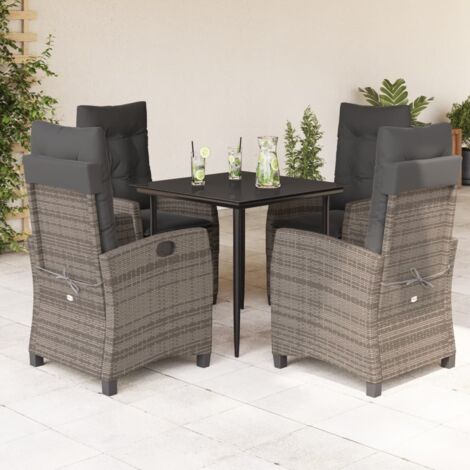 Ensemble Salon de Jardin 5 Pièces en Résine Tressée Gris - Table 80x80 cm, Chaises Inclinables, Verre Trempé, Coussins Lavables, Durable et Résistant aux UV