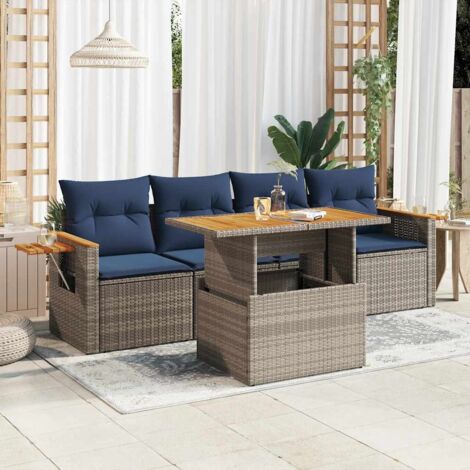 Ensemble salon de jardin 5 pièces en résine tressée grise avec coussins bleu marine, table extensible et rangements intérieurs