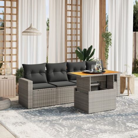 Ensemble salon de jardin 5 pièces en résine tressée grise avec coussins – Canapés modulables, table réglable et housses lavables