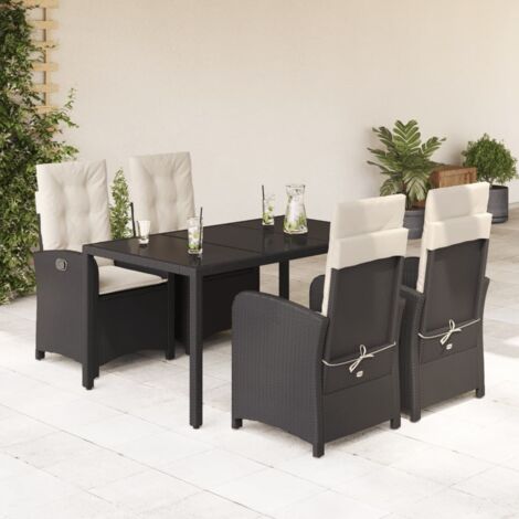 Ensemble Salon de Jardin 5 Pièces en Résine Tressée Noir avec Coussins Crème, Table Verre Trempé 150x90cm, Chaises Inclinables