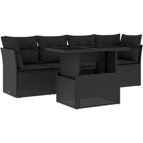 Ensemble salon de jardin 5 pièces en résine tressée noire avec coussins - Table extensible, modulable, design contemporain