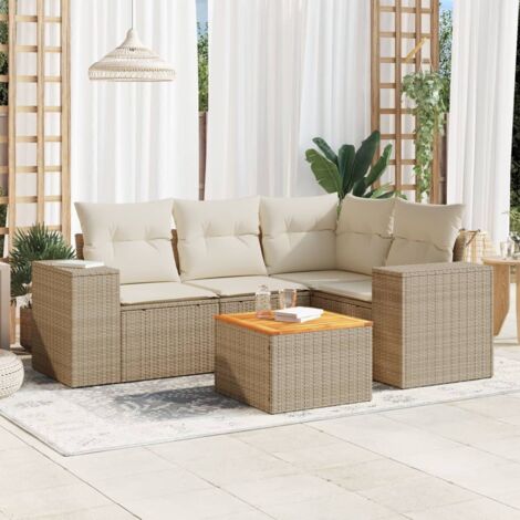 Ensemble Salon de Jardin 5 Pièces Modulable avec Coussins et Table, Résine Tressée Beige, Coussins Crème, Table Bois d'Acacia, Stockage Intégré