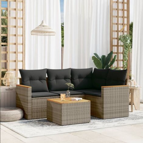 Ensemble salon de jardin 5 pièces résine tressée gris avec table bois acacia et coussins lavables