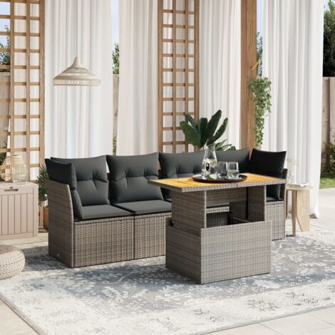 [Ensemble Salon de Jardin] [5 Pièces] [Résine Tressée Grise] avec Coussins et Table Réglable - Modulable et Confortable
