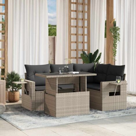Ensemble salon de jardin 5 places en résine tressée gris clair avec coussins et table réglable