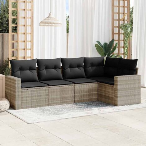 Ensemble salon de jardin 5 places en résine tressée gris clair avec coussins, modulaire