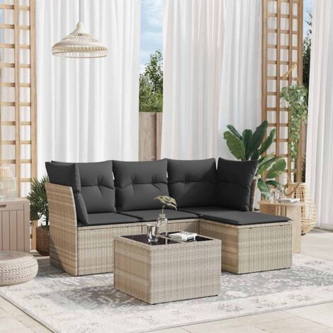 Ensemble Salon de Jardin 5 Places en Résine Tressée Gris Clair avec Table en Verre et Coussins, Modulable avec Fonction Rangement (Dimensions: 179x117x69 cm)