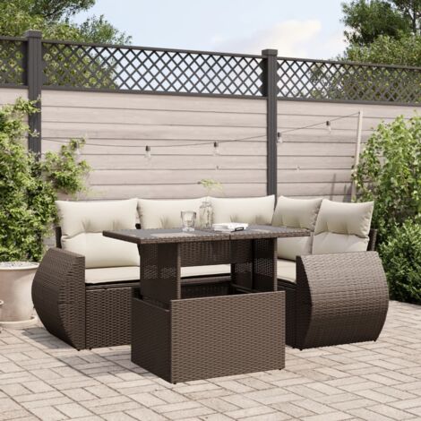 Ensemble Salon de Jardin 5 Places en Résine Tressée Marron avec Table Basse réglable, Coussins Crème et Confort Modulable