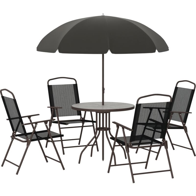 Ensemble salon de jardin 6 pcs - table ronde + 4 chaises pliables + parasol - acier époxy café textilène polyester noir