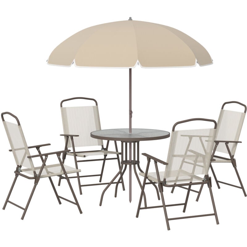 Outsunny - Ensemble salon de jardin 6 pcs - table ronde + 4 chaises pliables + parasol - acier époxy café textilène polyester beige