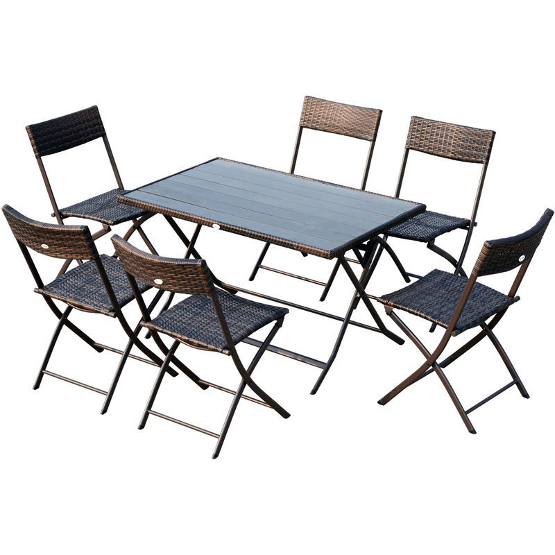 Ensemble salon de jardin 6 personnes grande table rectangulaire pliable + 6 chaises pliantes métal résine tressée ps chocolat