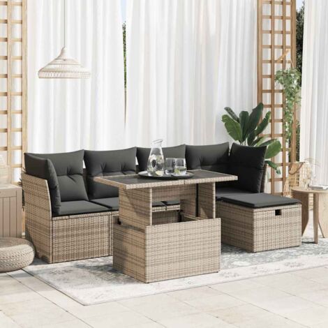 Ensemble Salon de Jardin 6 Pièces en Résine Tressée Gris avec Coussins Détachables, Table Basse Réglable et Pouf Rangement