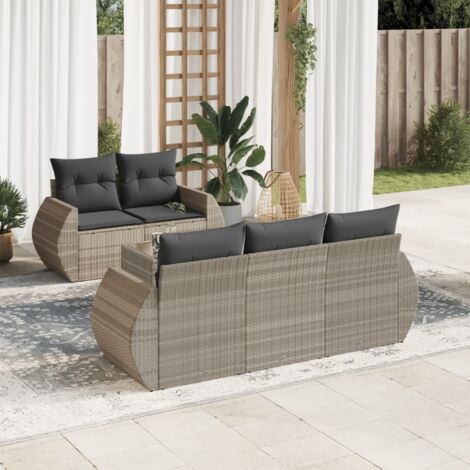 Ensemble salon de jardin 6 pièces gris clair résine tressée avec verre trempé