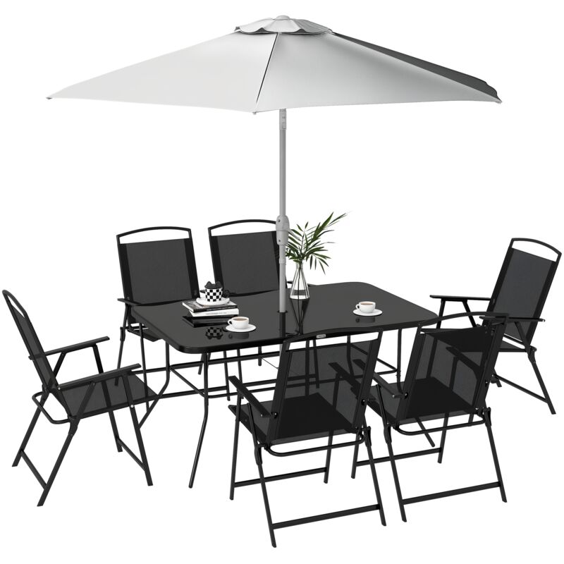 Ensemble salon de jardin 6 places 8 pièces - parasol, table, 6 chaises pliantes - métal époxy textilène polyester noir gris