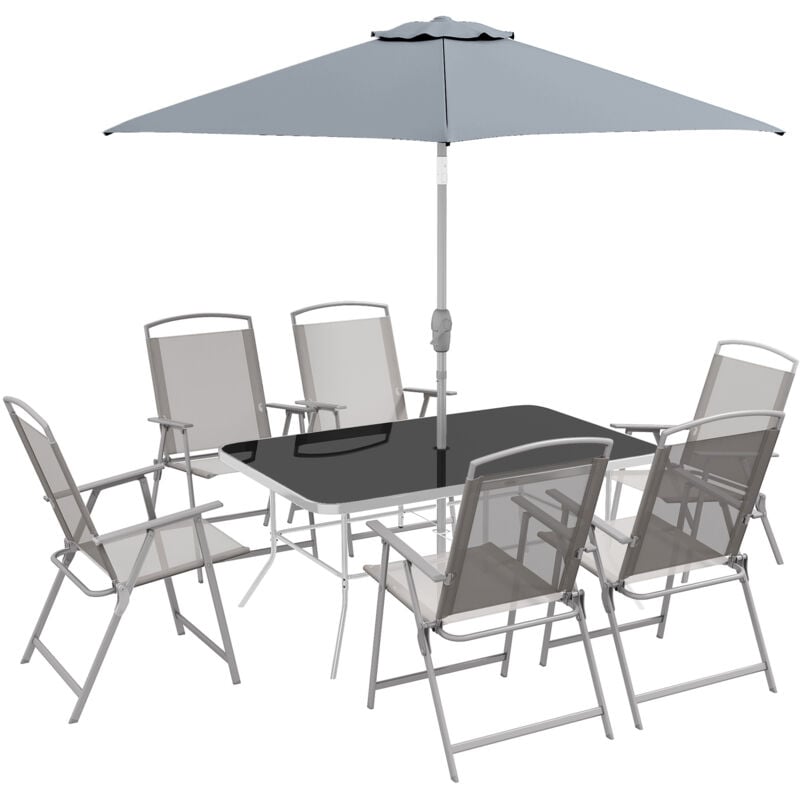 Ensemble salon de jardin 6 places 8 pièces - parasol, table, 6 chaises pliantes - métal époxy textilène polyester gris