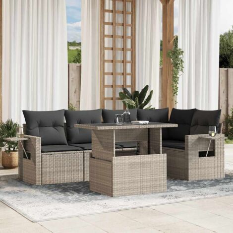 Ensemble Salon de Jardin 6 Places en Résine Tressée Gris Clair avec Coussins Anthracite et Table à Hauteur Réglable
